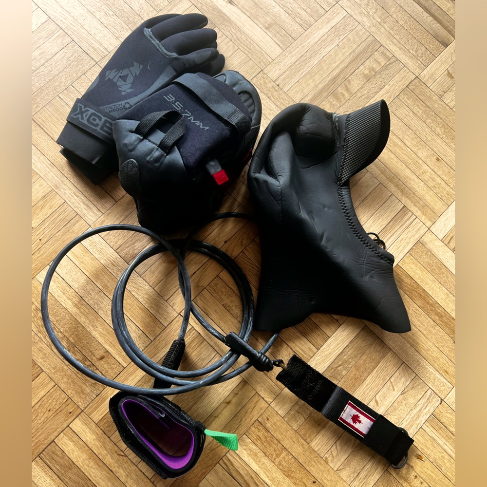 Surf Gear. Booties, gloves, hoodie, and leash!